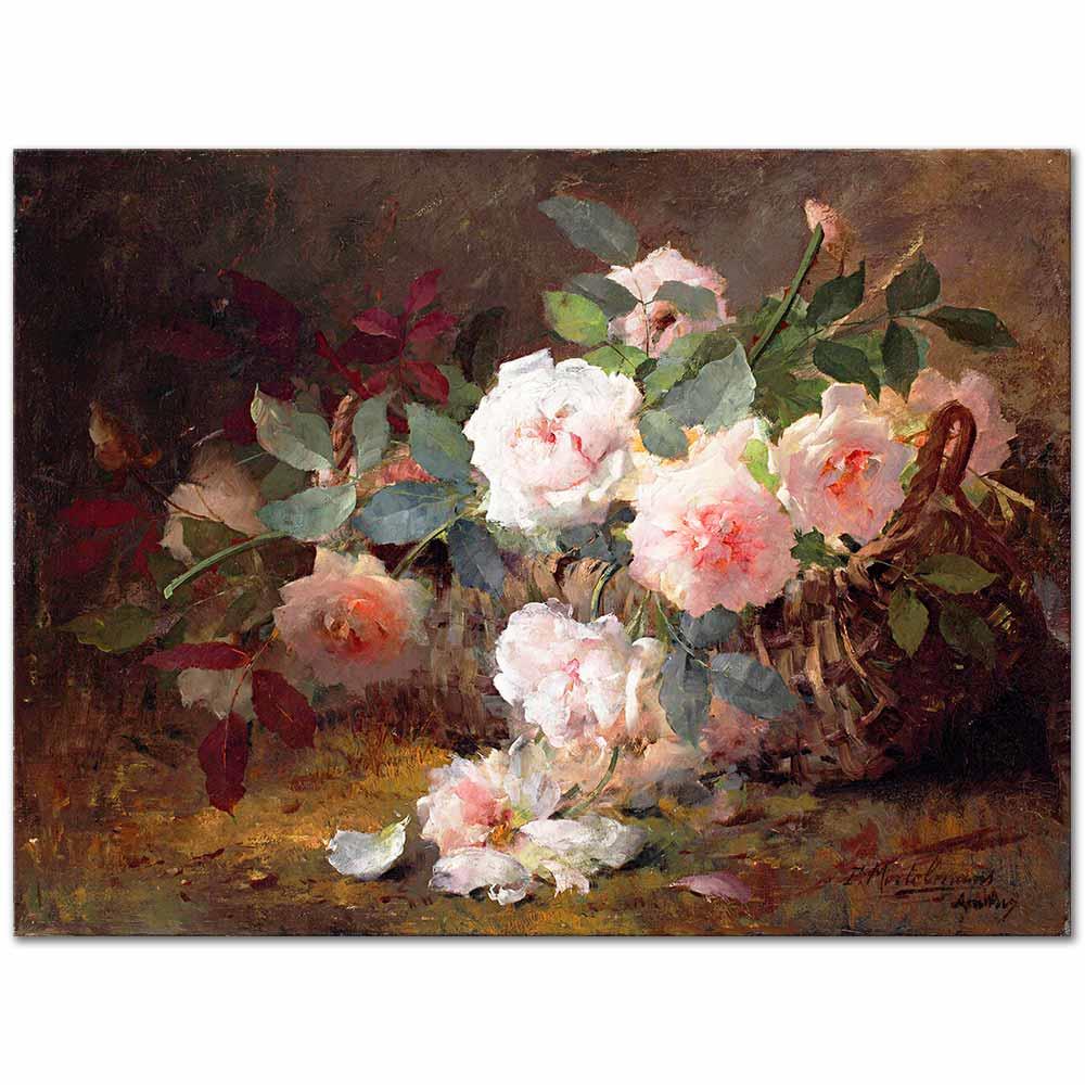 Pink Roses in a Basket by Frans Mortelmans as Art Print | CANVASTAR