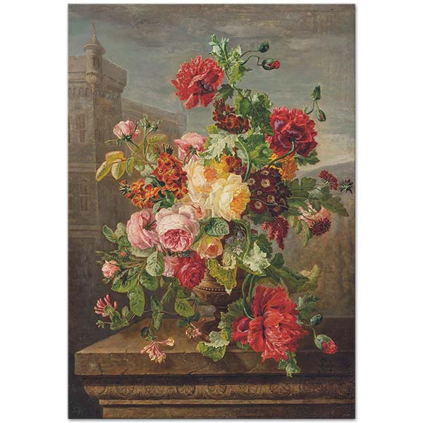 Jean Pierre Lays Roses Poppies Honeysuckle And Polyanthus Art Print