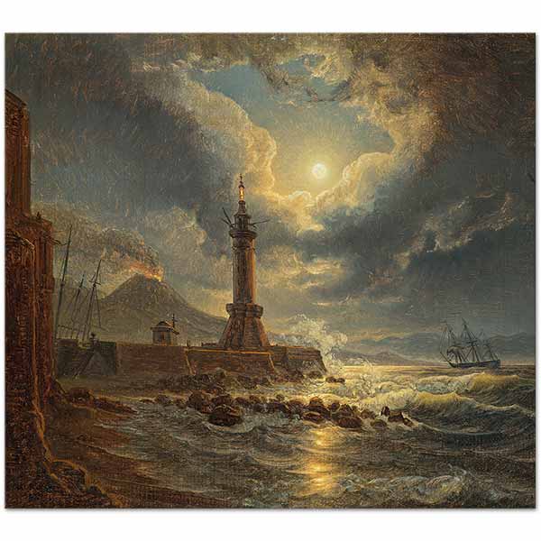 Josef Rebell Leuchtturm im Hafen von Neapel bei Mondschein Art Print