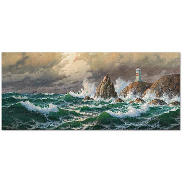 Max Jensen Breaking Waves With Lighthouse In Stormy Weather Art Print