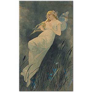 Alphonse Mucha Elfe mit Irisblüten Art Print