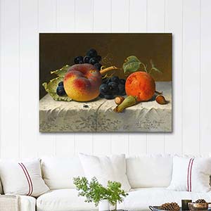 Emilie Preyer Still Life with Peach, Apricot, Grapes and Hazelnuts on a Tablecloth Art Print