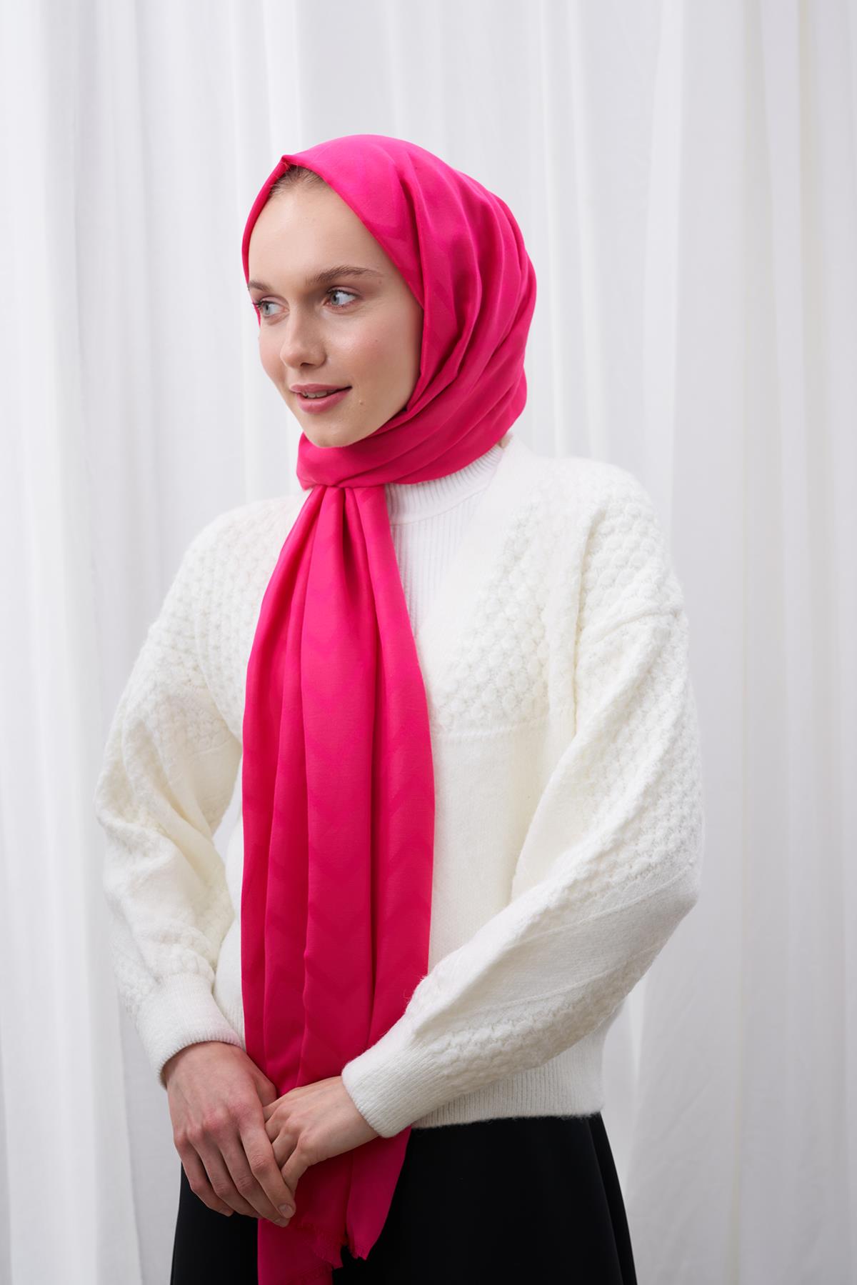 Zigzag Desen İpeksi Jakar Şal - Fuşya