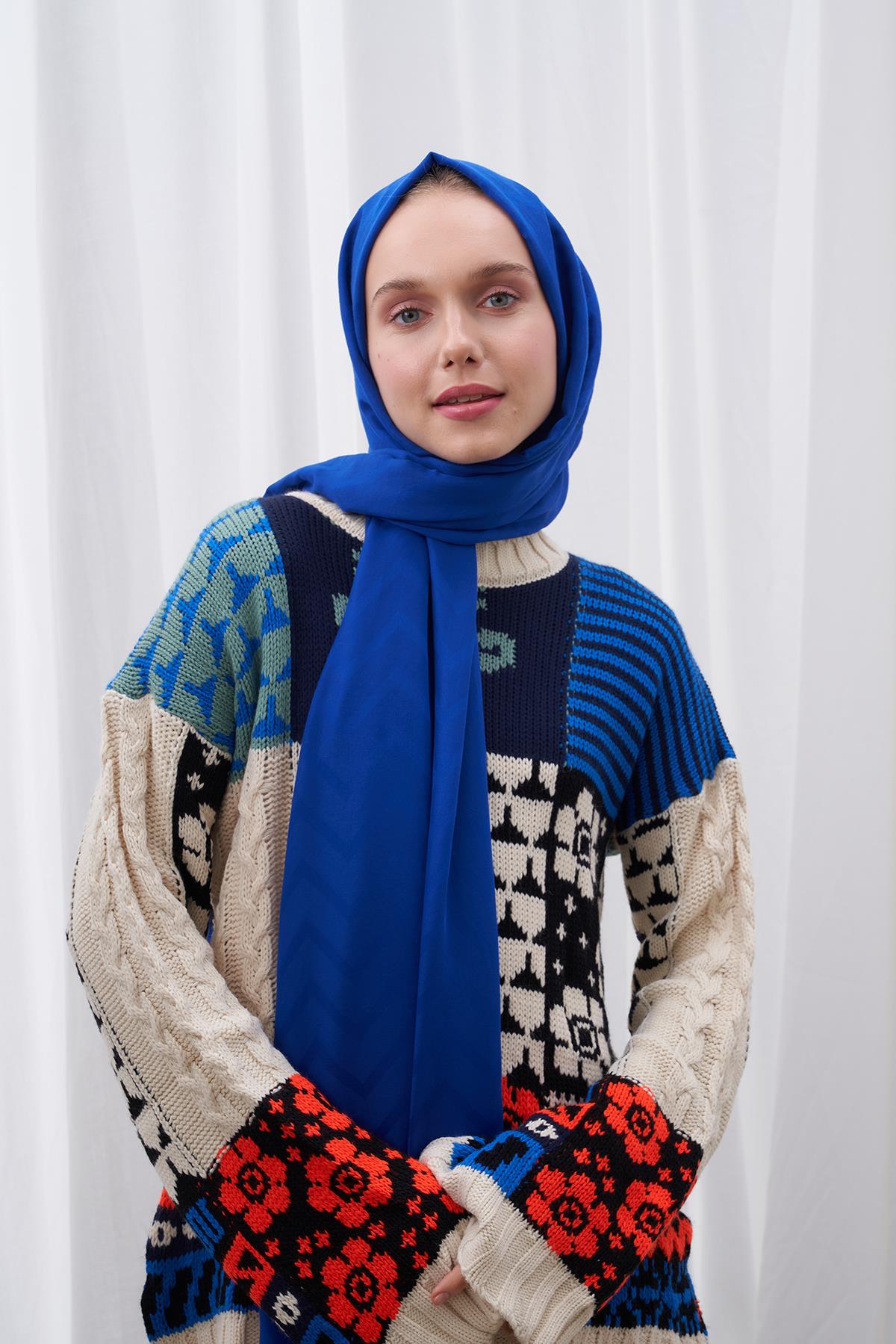 Zigzag Desen İpeksi Jakar Şal - Saks Mavi 