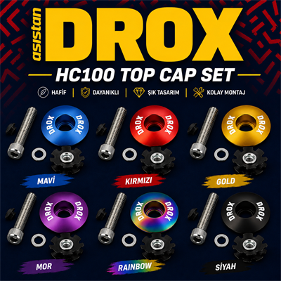 Asistan Drox HC100 Top Cap Set | Mavi, Kırmızı, Sarı ve Mor | Alüminyum Gidon Boğazı Üst Kapak Seti