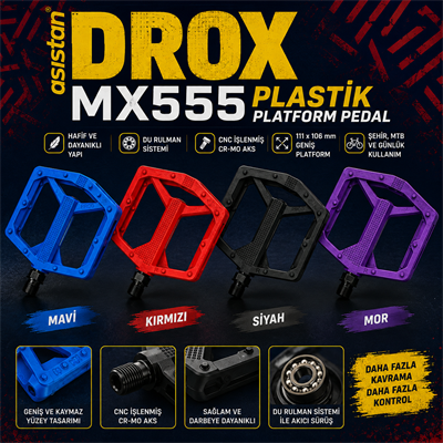 Asistan Drox MX555 Plastik Platform Pedal | Mavi, Kırmızı, Siyah ve Mor | Hafif Kompozit MTB Pedalı