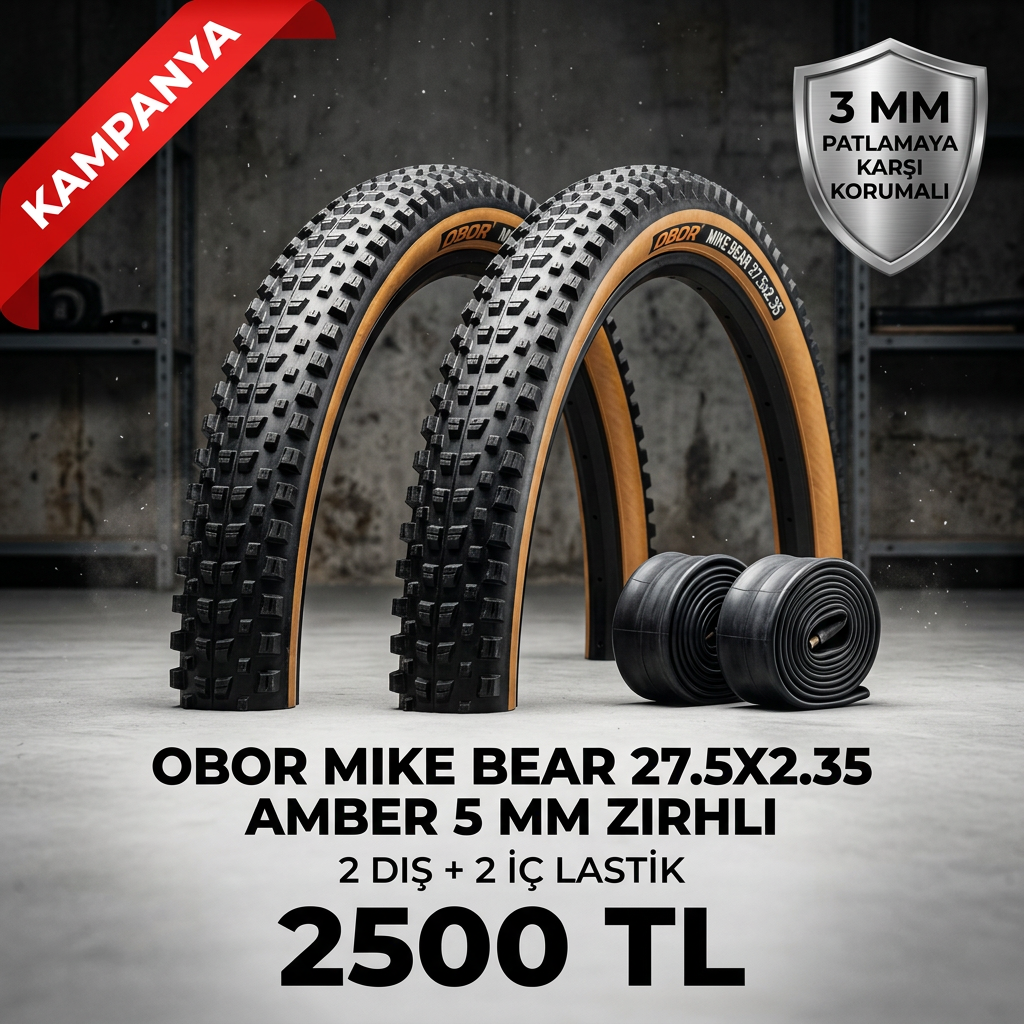 OBOR Mike Bear 27.5x2.35 Amber Yanaklı 3mm Zırhlı Dış Lastik + İç Lastik Seti (2+2) – 2500 TL