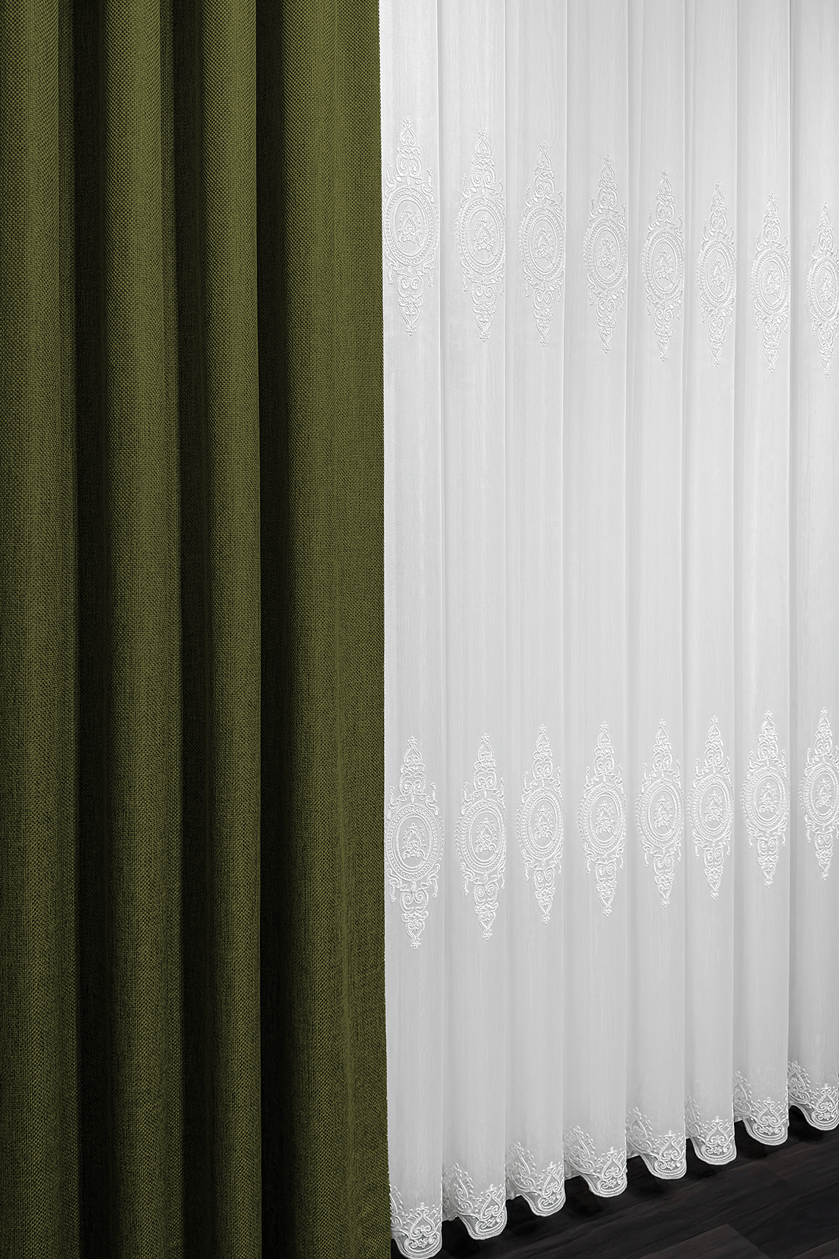 Bambu Serisi Madalyon Damask Desen Ekru Kordone Tül Perde