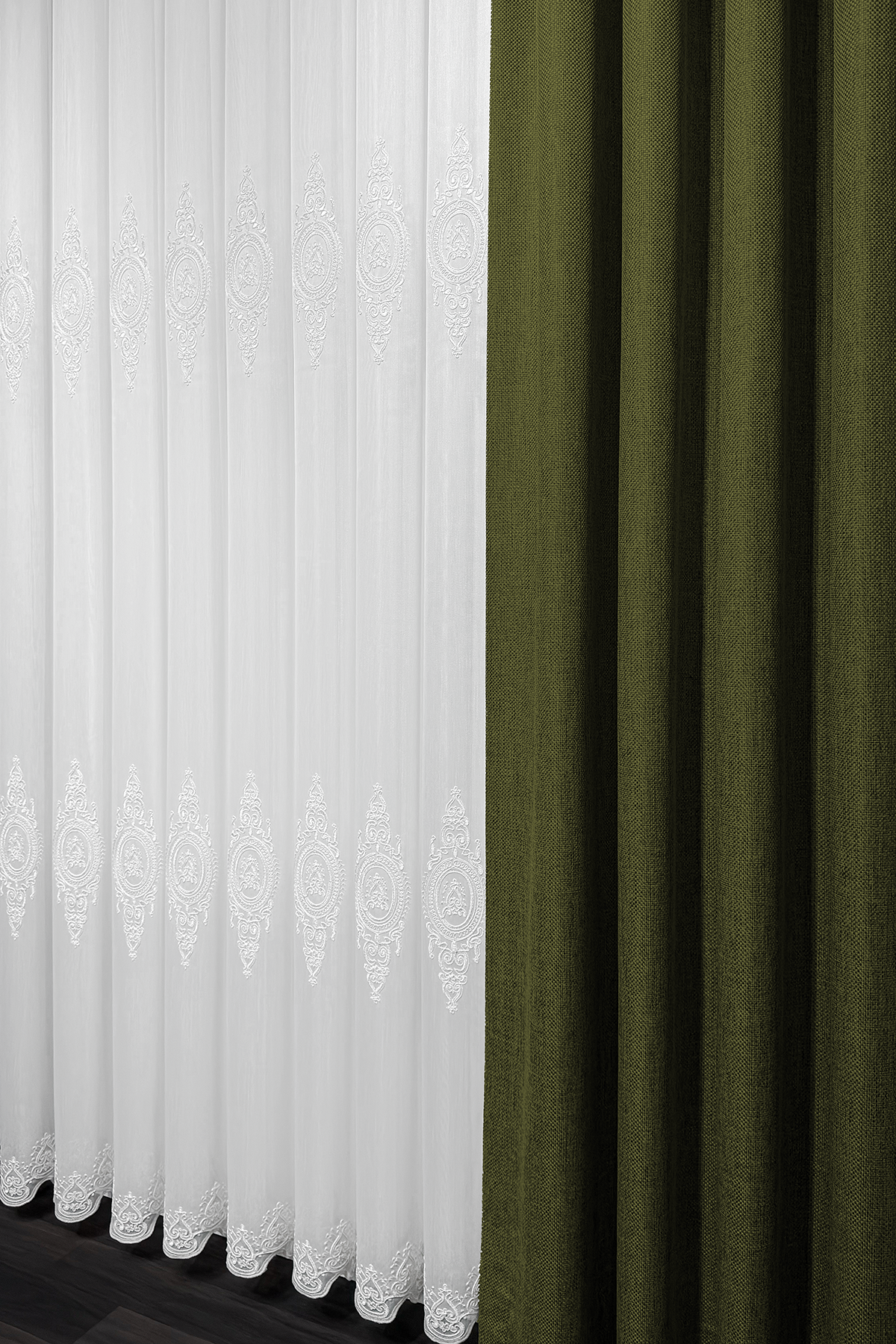 Bambu Serisi Madalyon Damask Desen Ekru Kordone Tül Perde