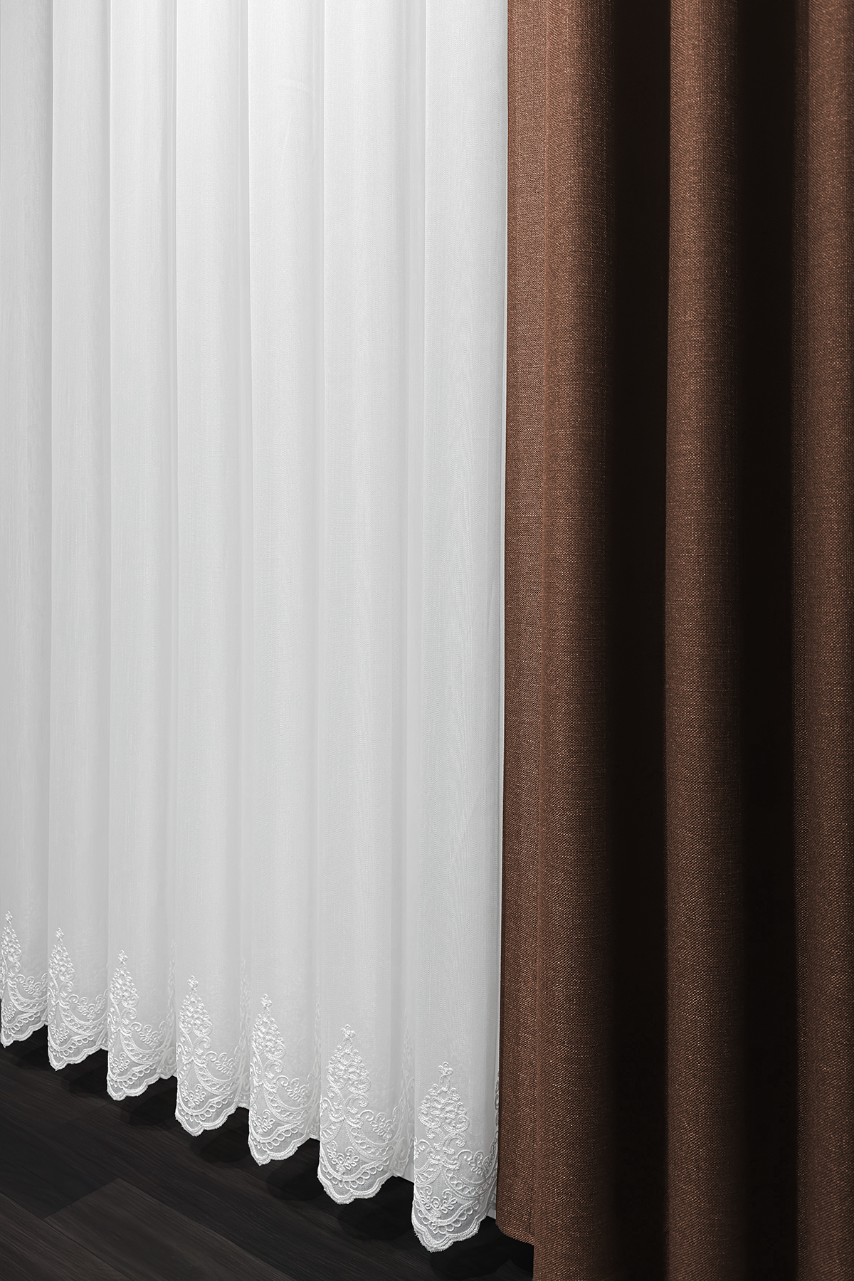 Bambu Serisi Pera Damask Etek Desen Ekru Tül Perde