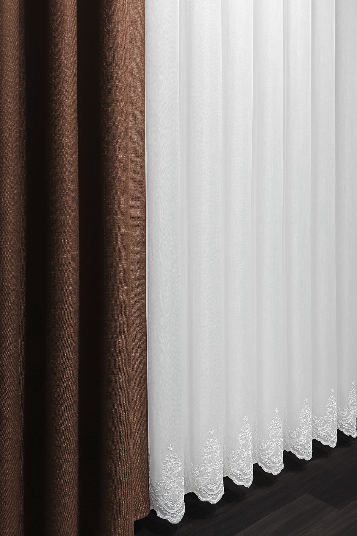 Bambu Serisi Pera Damask Etek Desen Ekru Tül Perde