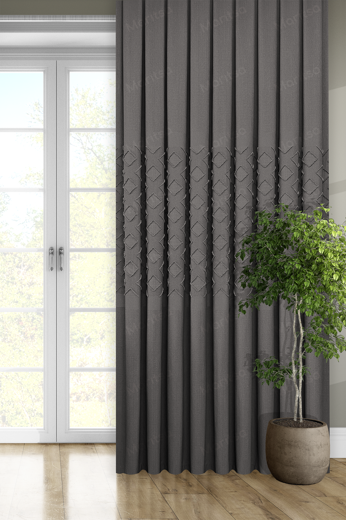 Keten Serisi Aztek Desen Antrasit Pano Fon Perde