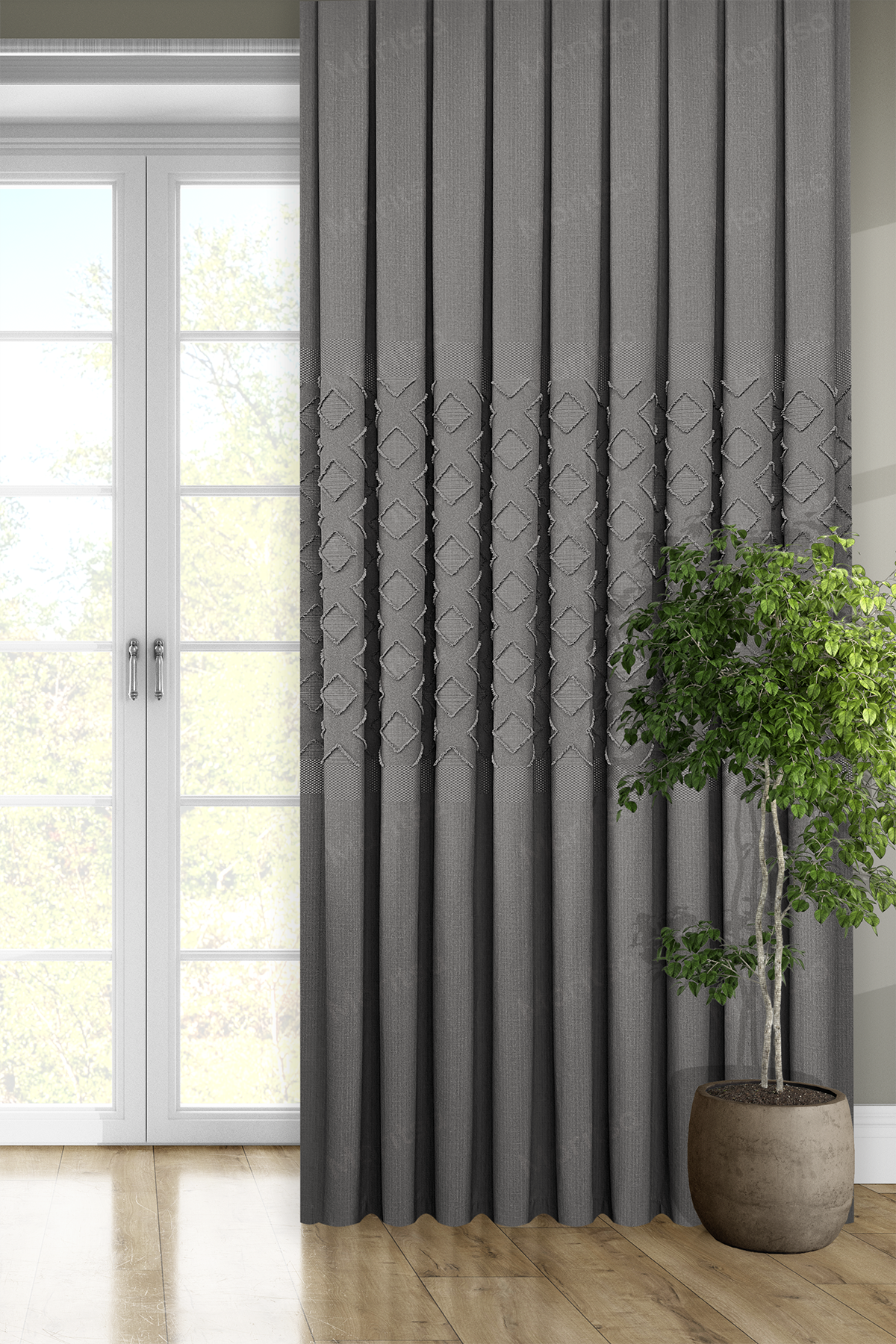 Keten Serisi Aztek Desen Gri Pano Fon Perde