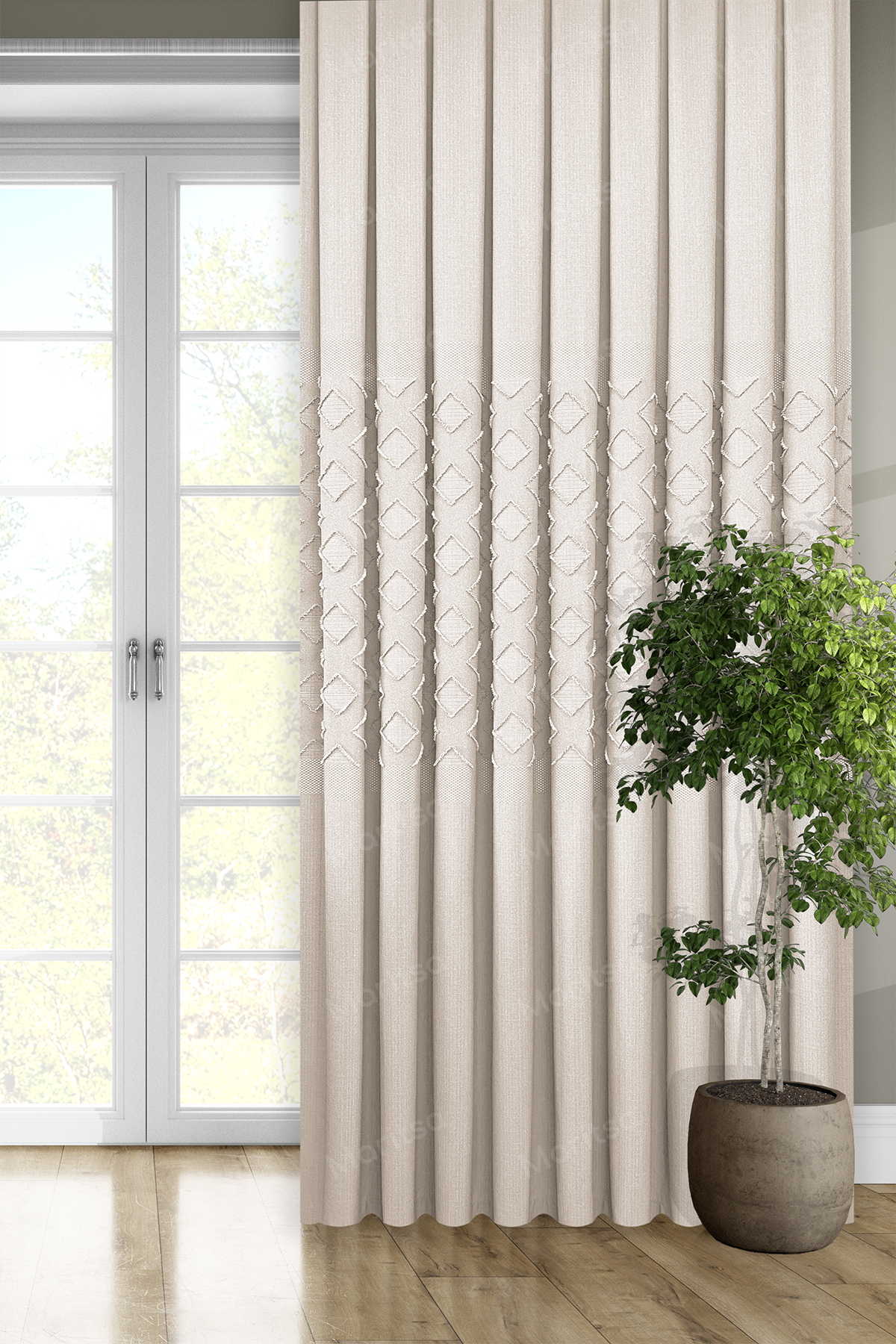 Keten Serisi Aztek Desen Krem Pano Fon Perde