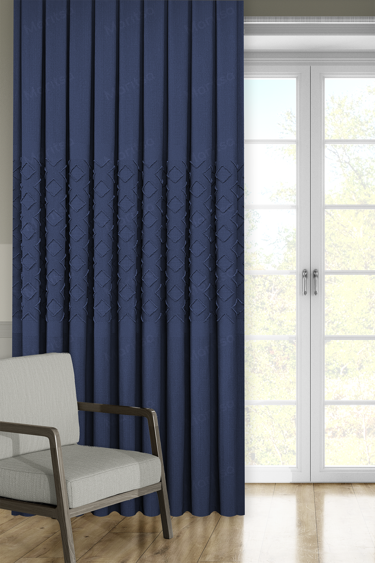 Keten Serisi Aztek Desen Lacivert Pano Fon Perde