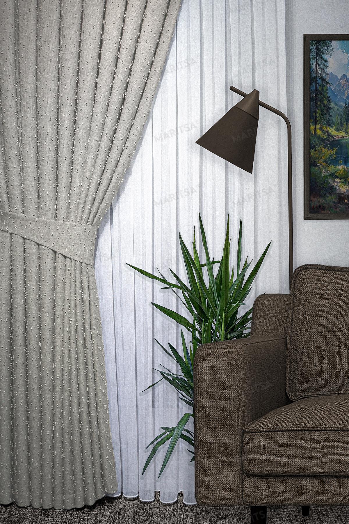 Keten Serisi Ponpon Desen Koyu Taş Fon Perde