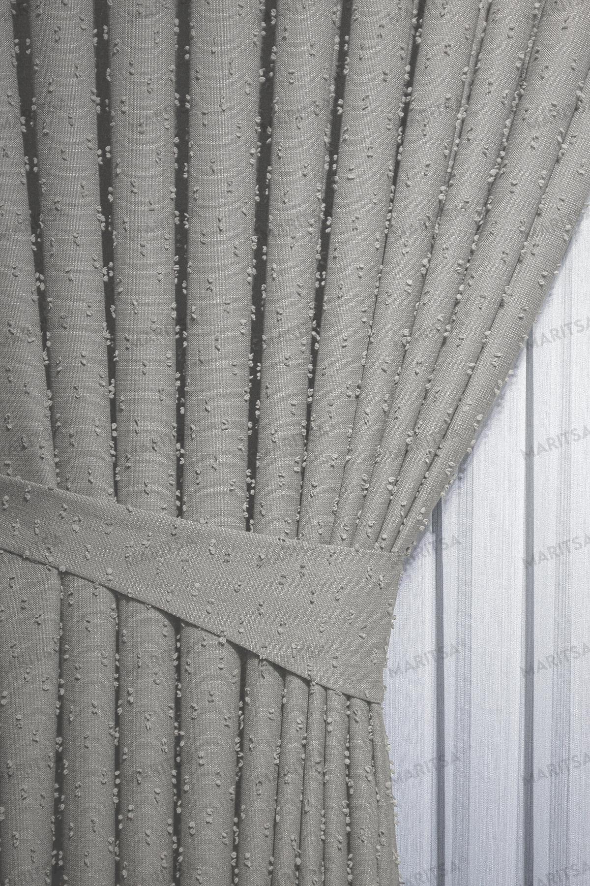 Keten Serisi Ponpon Desen Koyu Taş Fon Perde