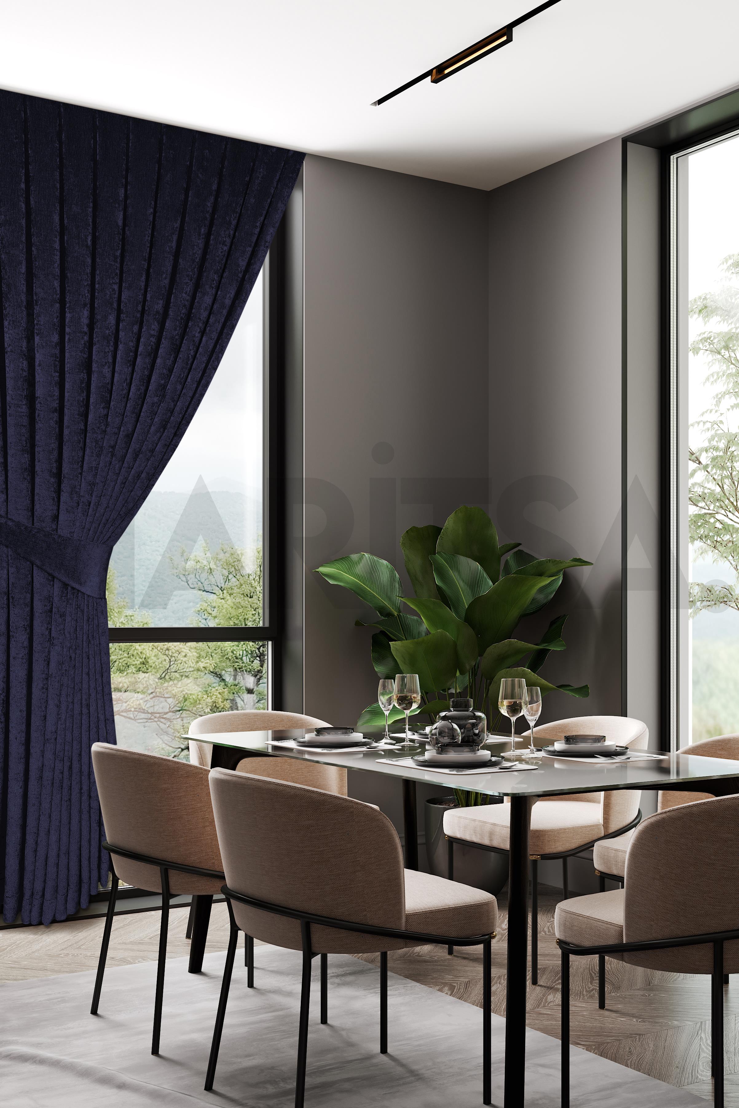 Şönil Serisi Kadife Görünümlü Lacivert Fon Perde