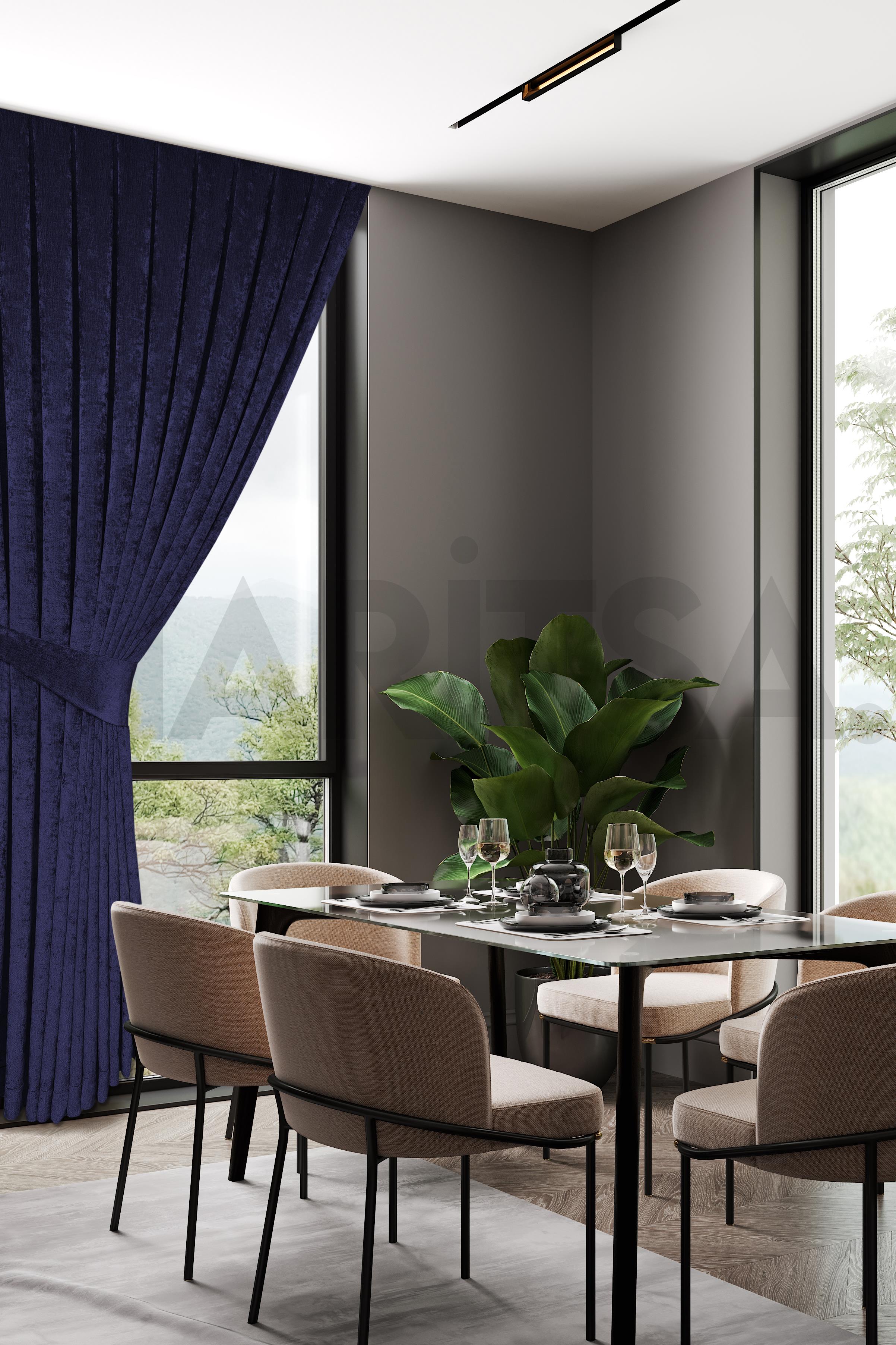 Şönil Serisi Kadife Görünümlü Parlament Mavi Fon Perde