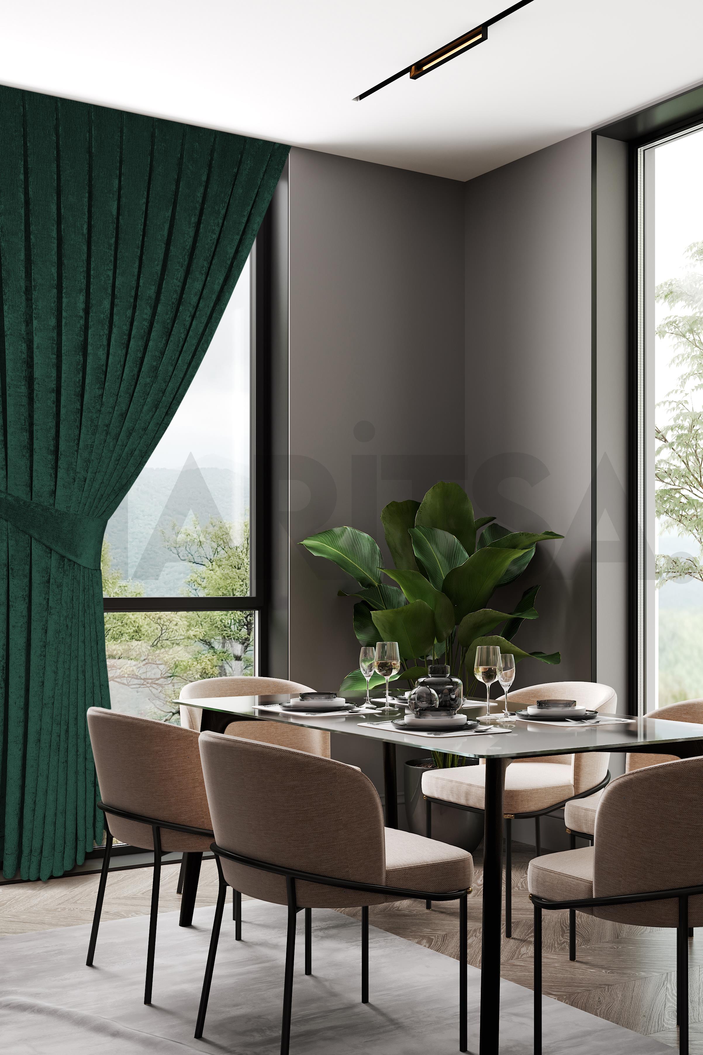 Şönil Serisi Kadife Görünümlü Zümrüt Yeşili Fon Perde