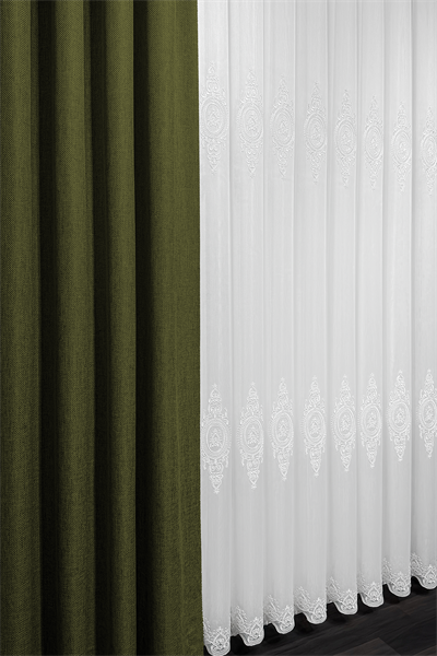 Bambu Serisi Madalyon Damask Desen Ekru Kordone Tül Perde
