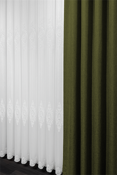 Bambu Serisi Madalyon Damask Desen Ekru Kordone Tül Perde