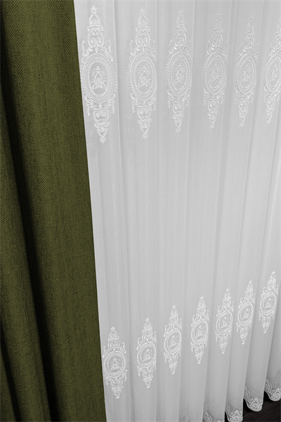 Bambu Serisi Madalyon Damask Desen Ekru Kordone Tül Perde