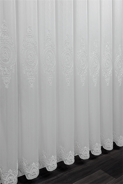 Bambu Serisi Madalyon Damask Desen Ekru Kordone Tül Perde