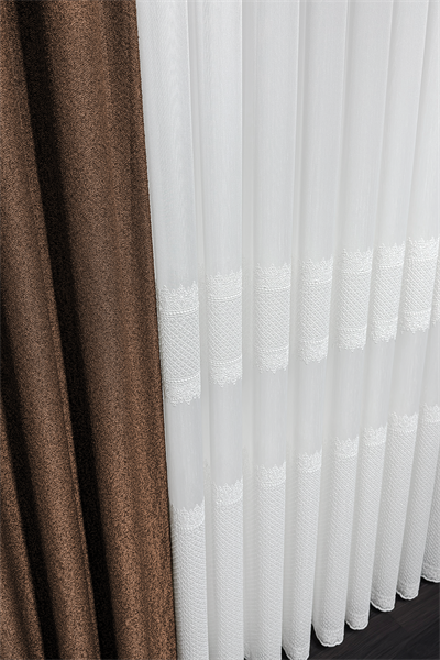 Bambu Serisi Sütun Damask Desen Ekru Kordone Tül Perde