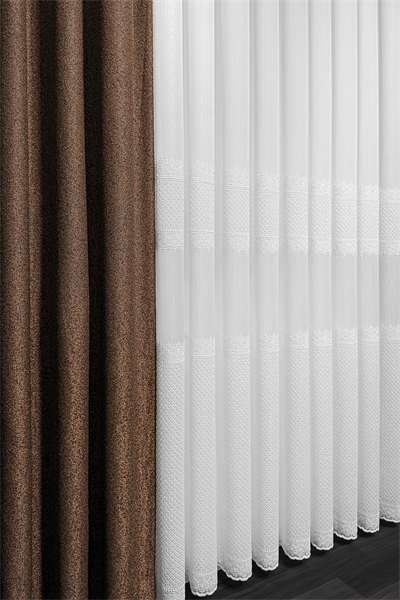 Bambu Serisi Sütun Damask Desen Ekru Kordone Tül Perde
