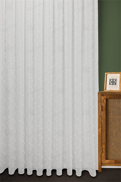 İskandinav Serisi Bohem Ponpon Desen Keten Zemine Pamuk İşleme Ekru Tül Perde