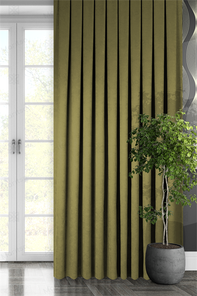 Kadife Dokulu Serisi Yağ Yeşili Fon Perde
