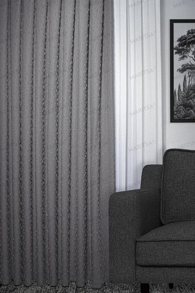 Keten Serisi Ponpon Desen Bohem Gri Fon Perde