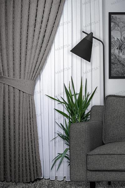 Keten Serisi Ponpon Desen Sakin Gri Fon Perde