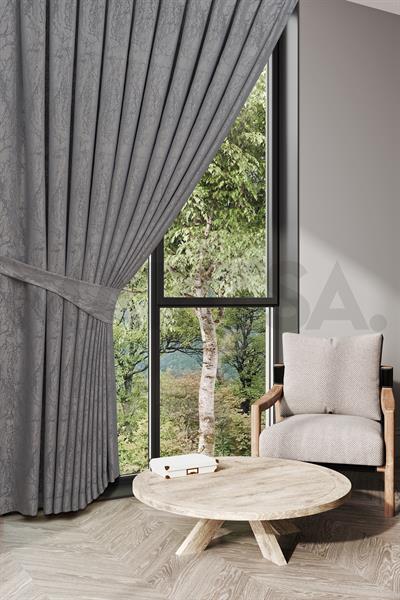 Nevada Serisi Jakarlı Dal Desen Gri Fon Perde