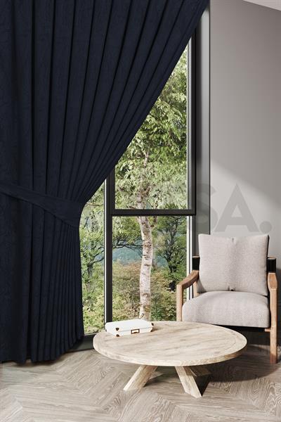 Nevada Serisi Jakarlı Dal Desen Lacivert Fon Perde