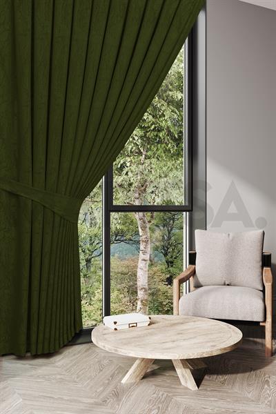 Nevada Serisi Jakarlı Dal Desen Yeşil Fon Perde