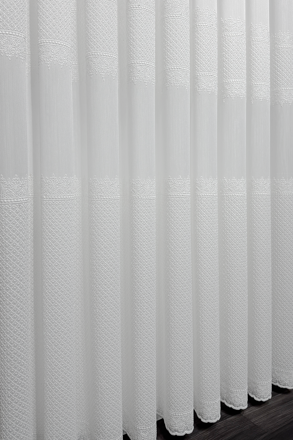 Bambu Serisi Sütun Damask Desen Ekru Kordone Tül Perde