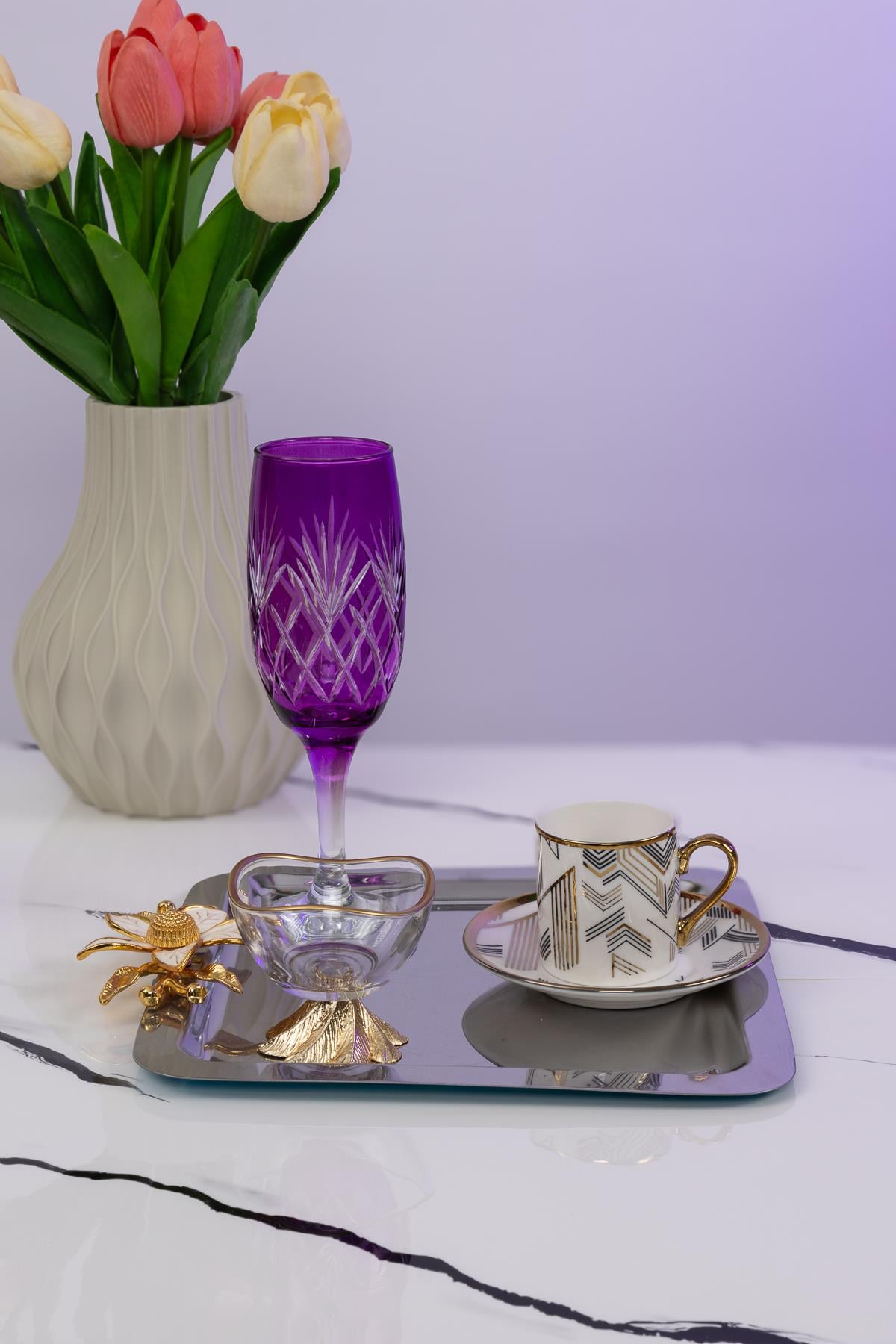 190 cc Kesme Desenli Cam Kadeh – Mor, Kahve Yanı Su Bardağı