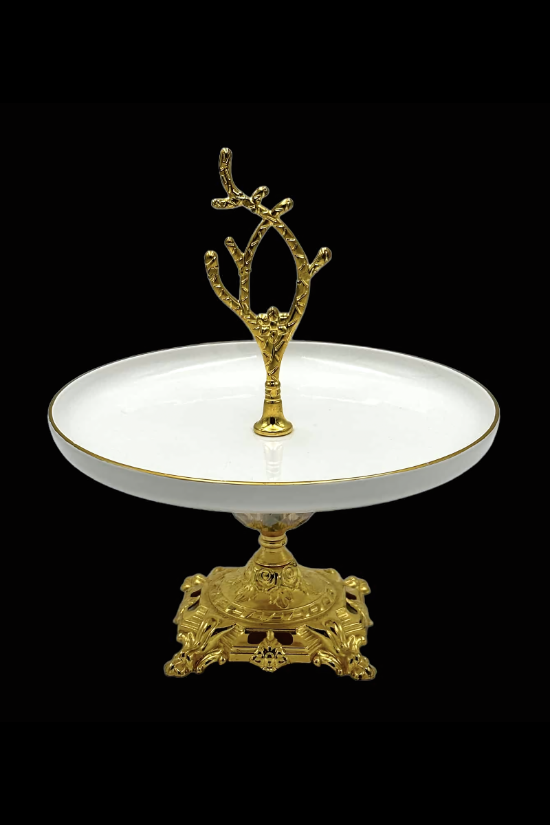 21 cm Gold Lüks Figür Ayaklı Yuvarlak Seramik Sunum Ve ikramlık Kek Pasta Standı