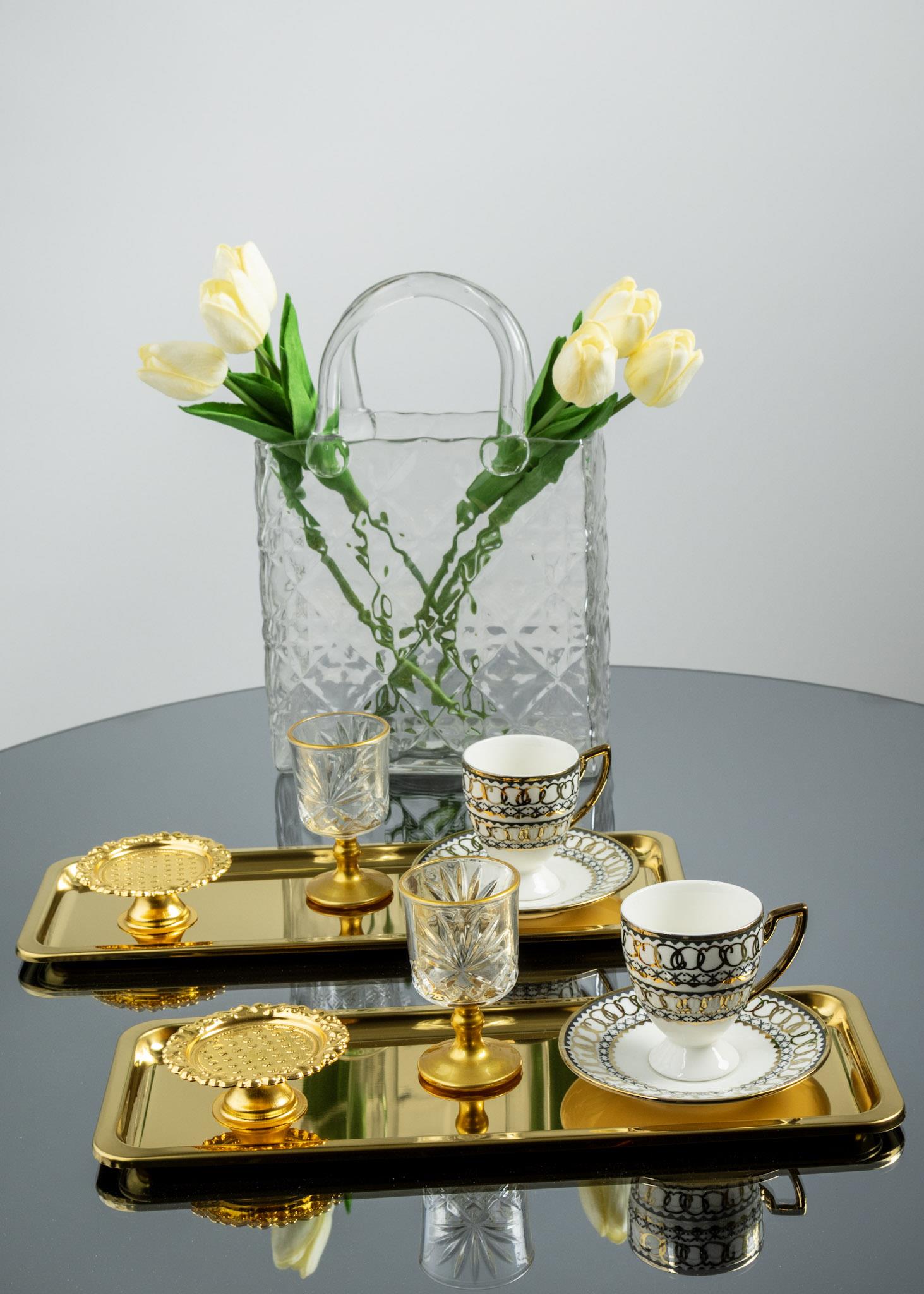 2li Lüks Paslanmaz Çelik Gold Baton Tepsi Seti – Çay, Kahve, Pasta, Sunum ve Çeyiz İçin Dekoratif Servis