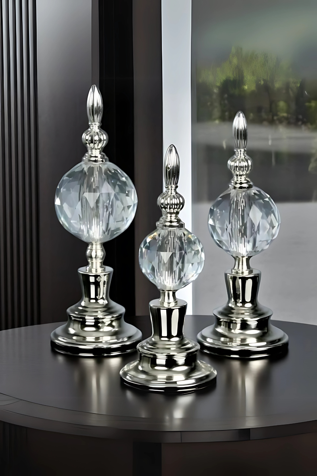 3lü Dekoratif Alem Kristal Top Küre & Obje GÜMÜŞ
