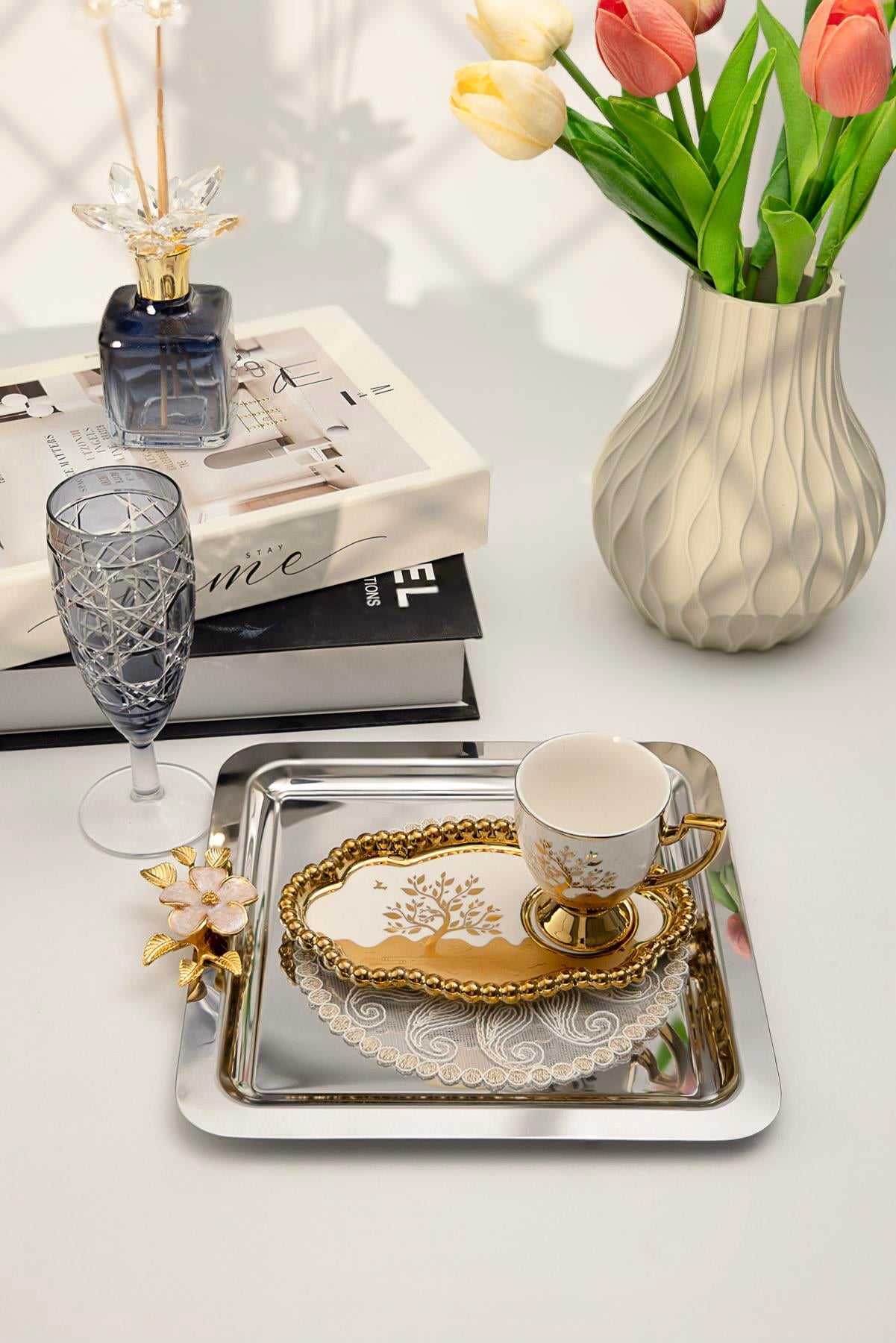 6lı Lüks Kare Sunum Tepsisi Seti | Altın Renkli Çiçek Kulplu Paslanmaz Çelik 21x21 cm