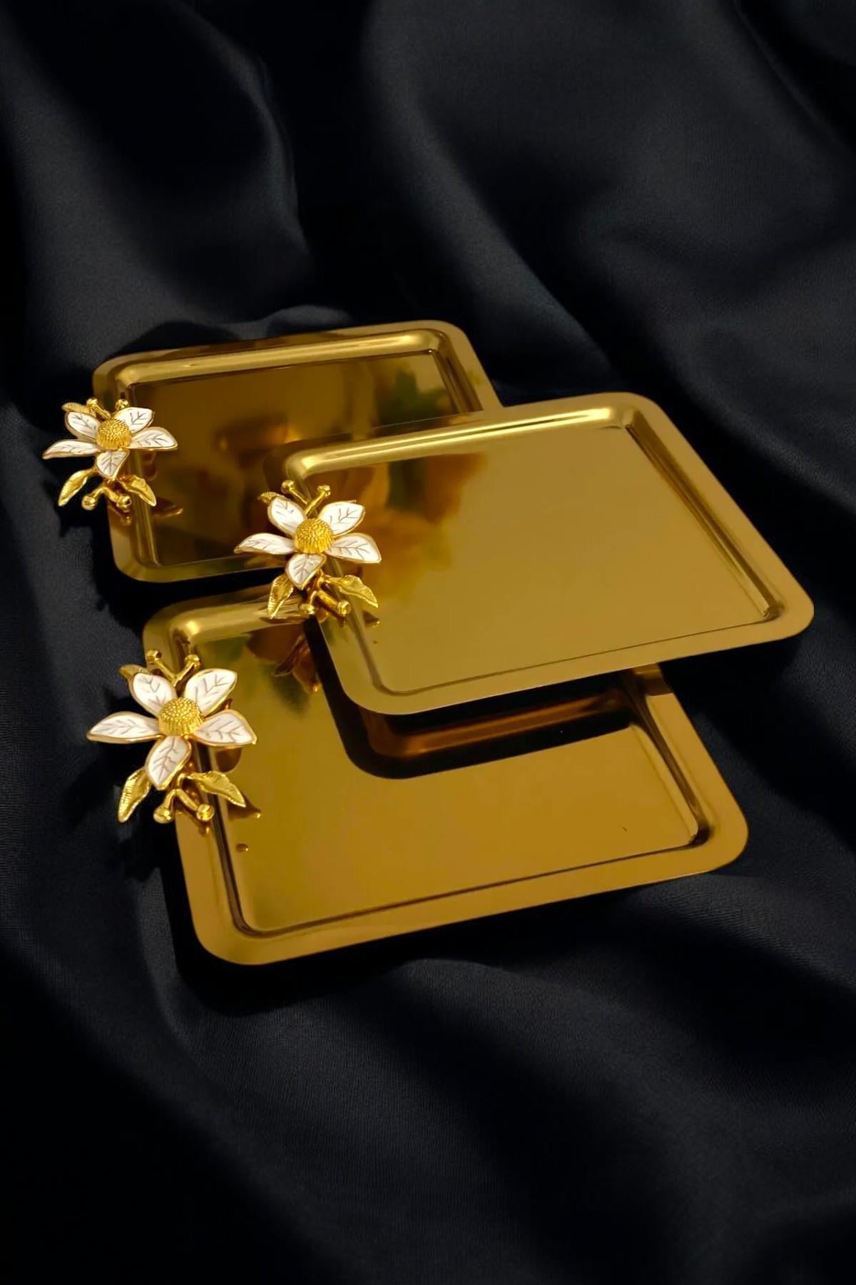 3Lü Lüx Kahve Sunum Tepsisi | Gold Zambak Çiçekli