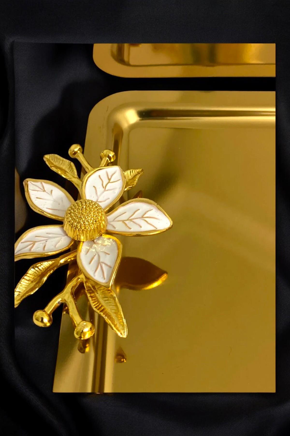 3Lü Lüx Kahve Sunum Tepsisi | Gold Zambak Çiçekli