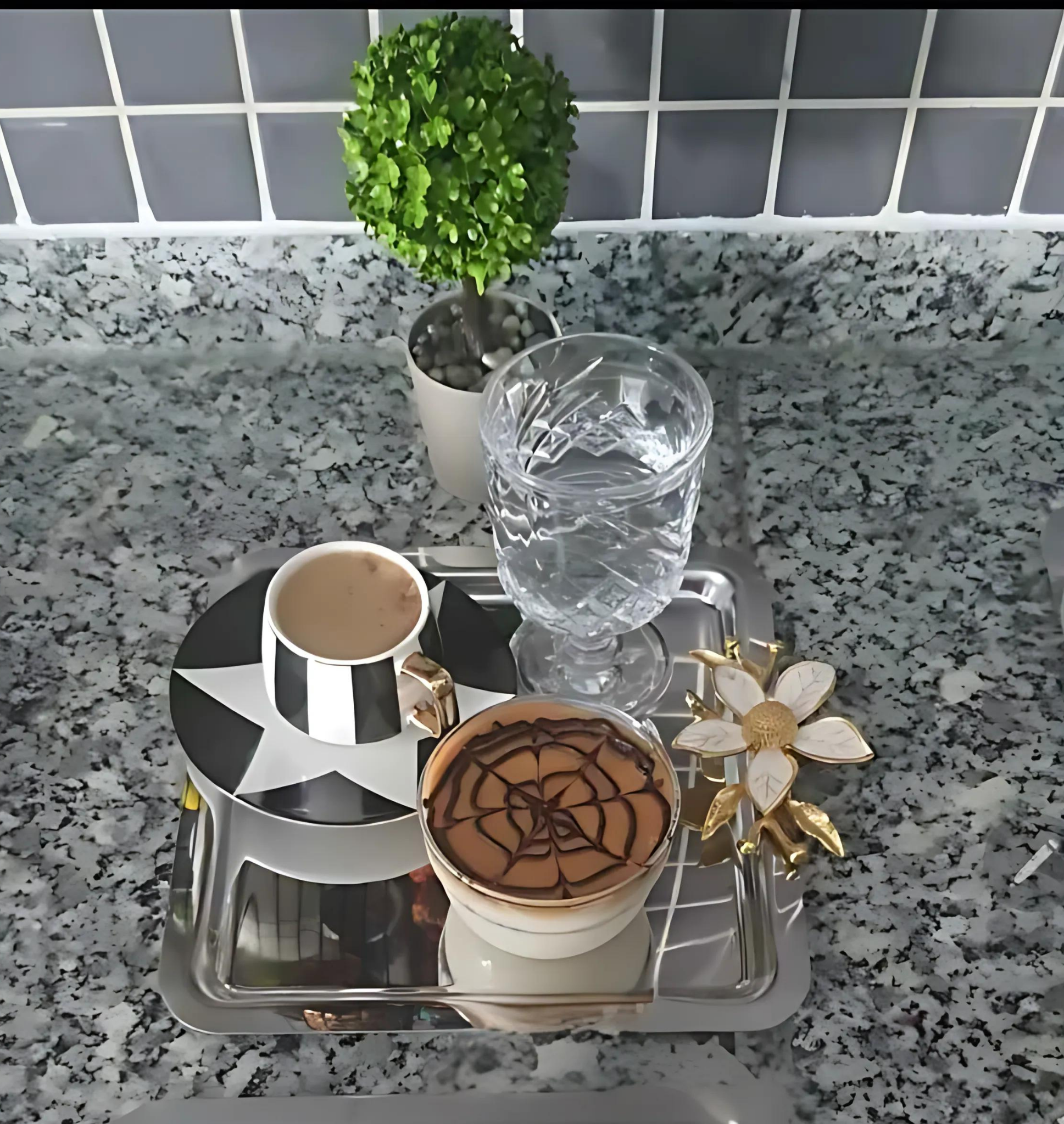 3lü Lüx Kahve Sunum Tepsisi | Gümüş Zambak Çiçekli