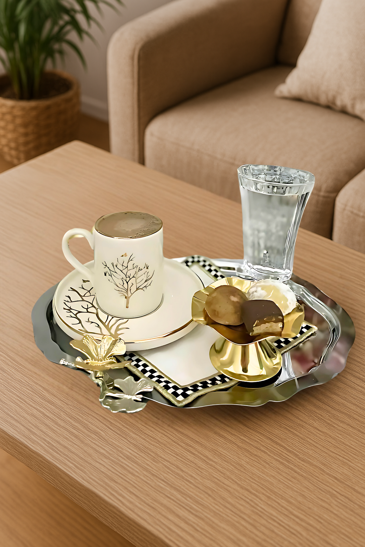 6lı Lüx Oval Kahve Sunum Tepsisi | Kelebek Aksesuarlı Paslanmaz Kahve, Çay, Dekoratif Tepsi 25x20cm