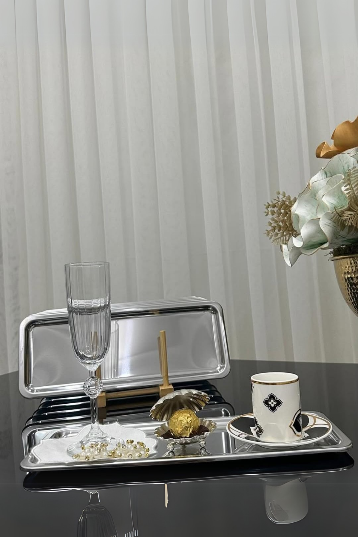 6lı Lüx Paslanmaz Çelik Baton Çay, Kahve, Pasta, Servis, Dekoratif Çeyiz Sunum Tepsisi