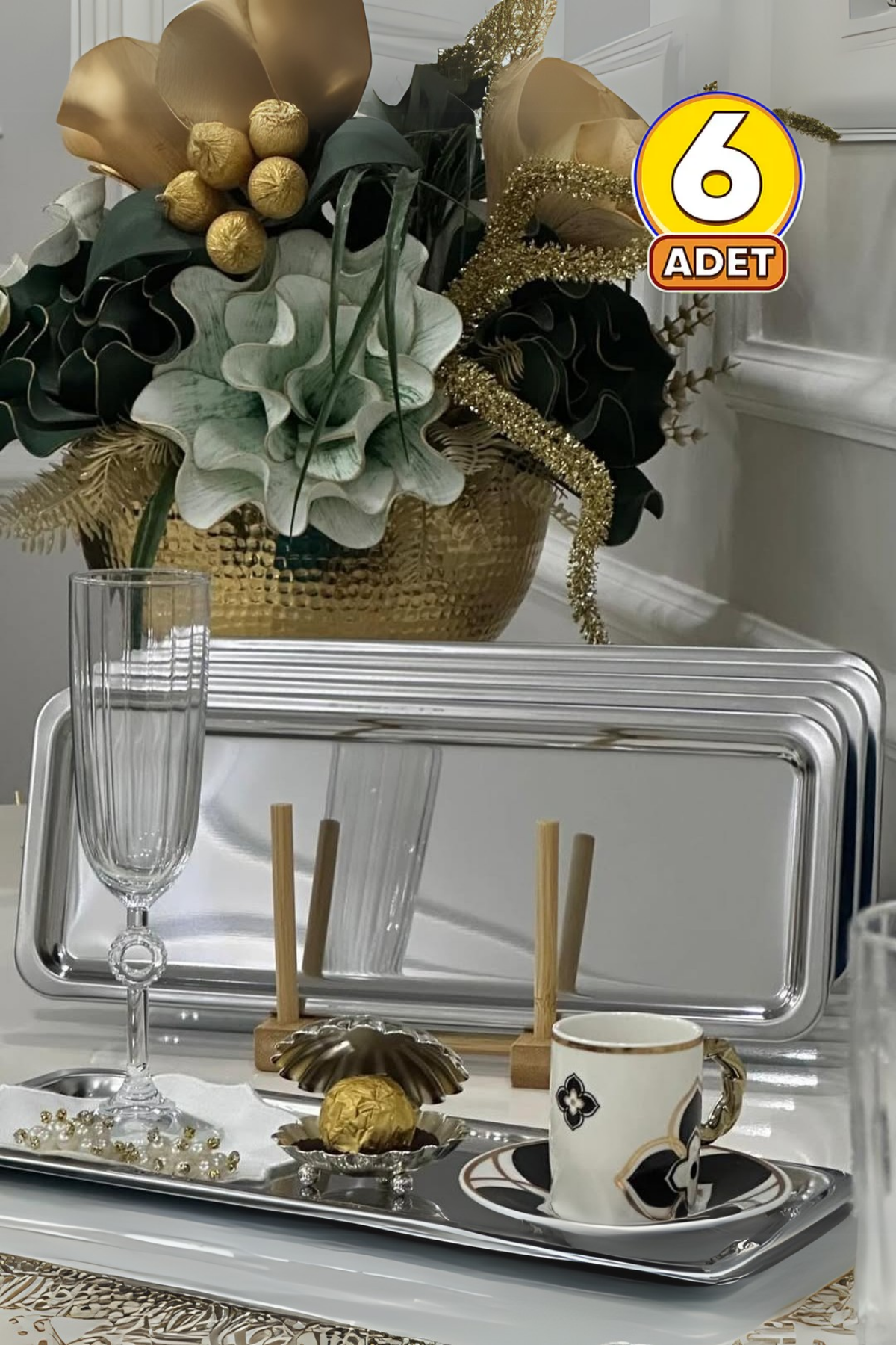 6lı Lüx Paslanmaz Çelik Baton Çay, Kahve, Pasta, Servis, Dekoratif Çeyiz Sunum Tepsisi