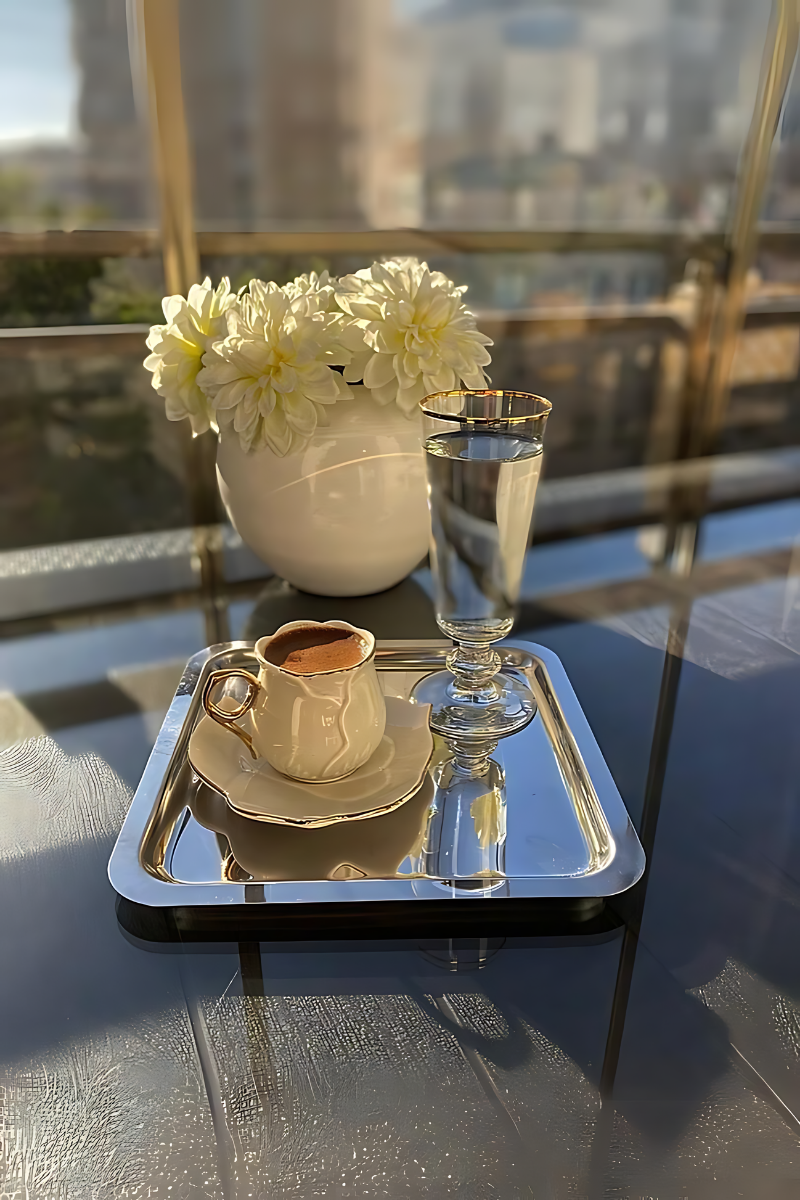 6lı Lüx Paslanmaz Çelik Kare Çay, Kahve, Pasta Servis Tepsisi Dekoratif Sunum Tepsisi